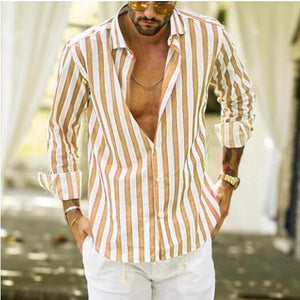 Men's Cotton Linen Striped Button Down Long Sleeve